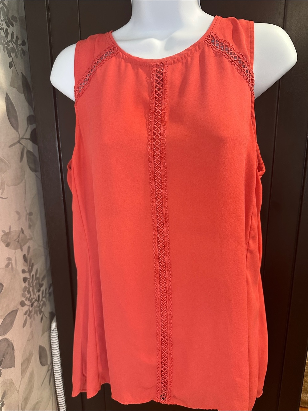 White House Black Market coral sleeveless blouse, hooks in back longer in back M